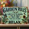 1PC Vintage-Style Garden Rules Tin Sign - Relaxing Quote with Birds, Sunflowers & Butterflies,Durable Metal Wall Art for Outdoor