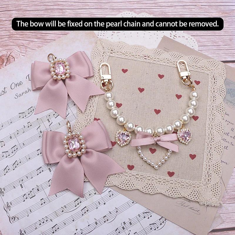 Handmade Bow Pearl Rhinestone Heart Pendant Charm Bag Accessories Japanese Sweet Lolita Style DIY Bag Chain Decoration