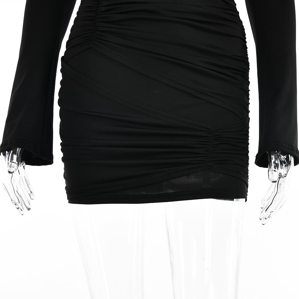 Dámské podzimní elegantní noční klubové společenské šaty s dlouhým rukávem, sexy mini šaty s ruchedem