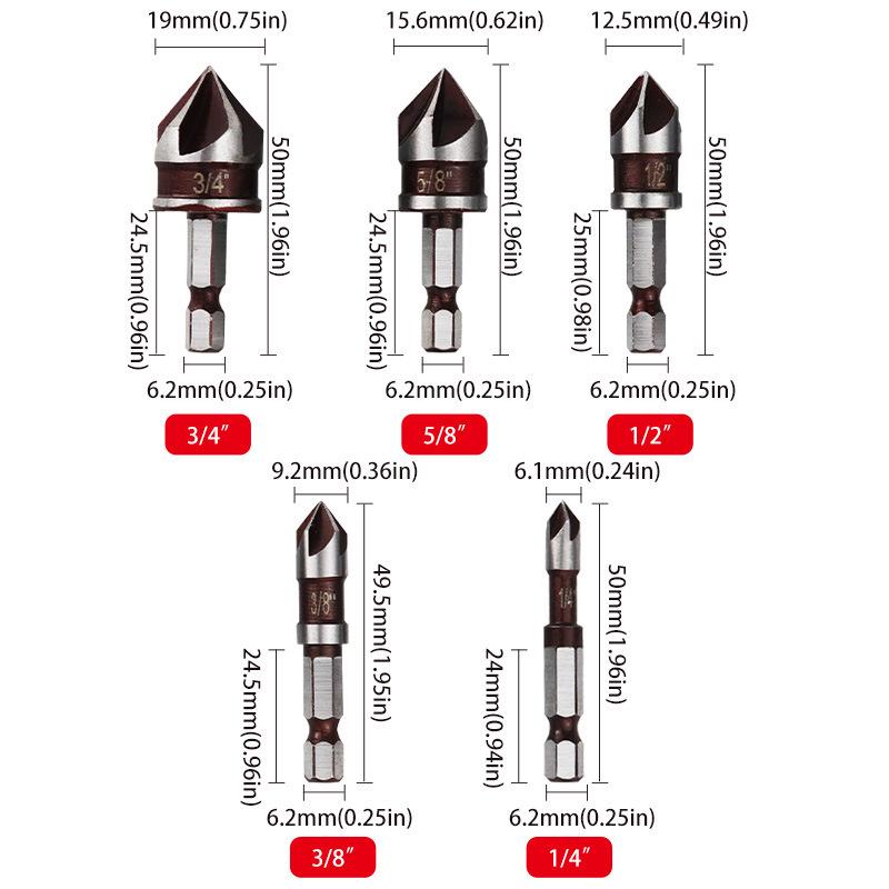 Hex Shank 5-Flute 82° Countersink Set for Plastic & Wood Boards