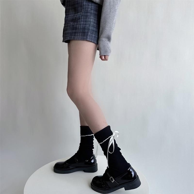 Japanese Style Fashion Middle Tube Calf Socks Women JK Girl Cute Bandage Bowknot Ruffke Trim Cotton Long Socks Stockings