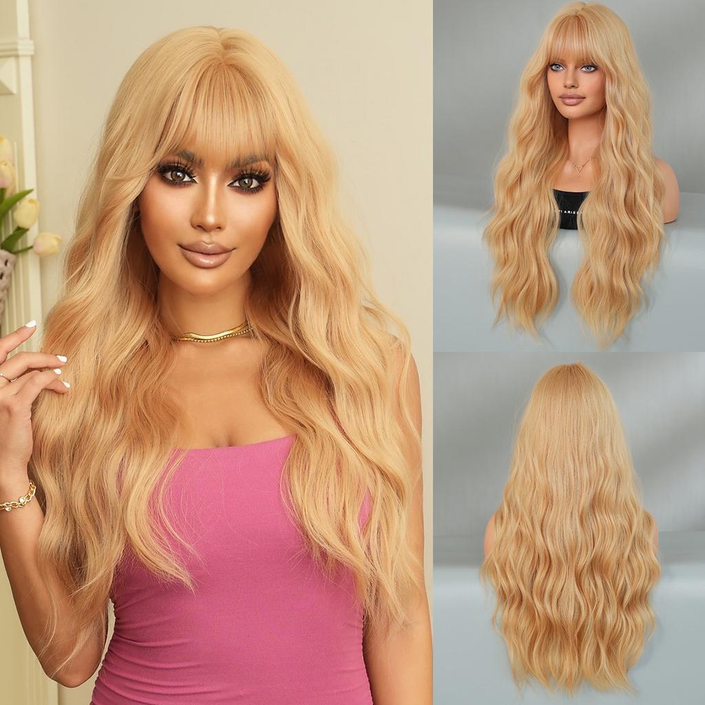 Women’s Natural Black Tea Brown Long Curly Wig with Blunt Bangs Full Wig for Daily Wear