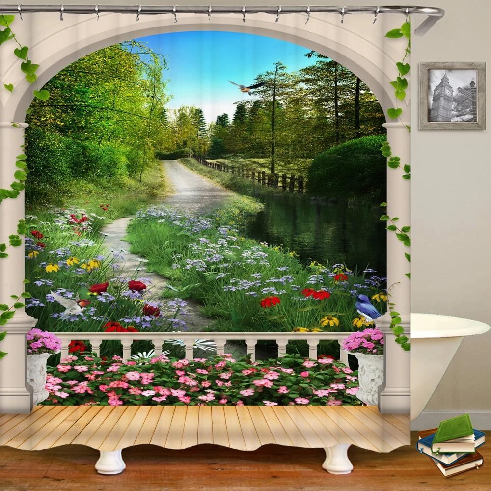 Badrum Vattentät Duschdraperi Polyester 3D Berg Trädgård Havssida Vacker Blomma Landskapstryck Hemdekoration Draperi