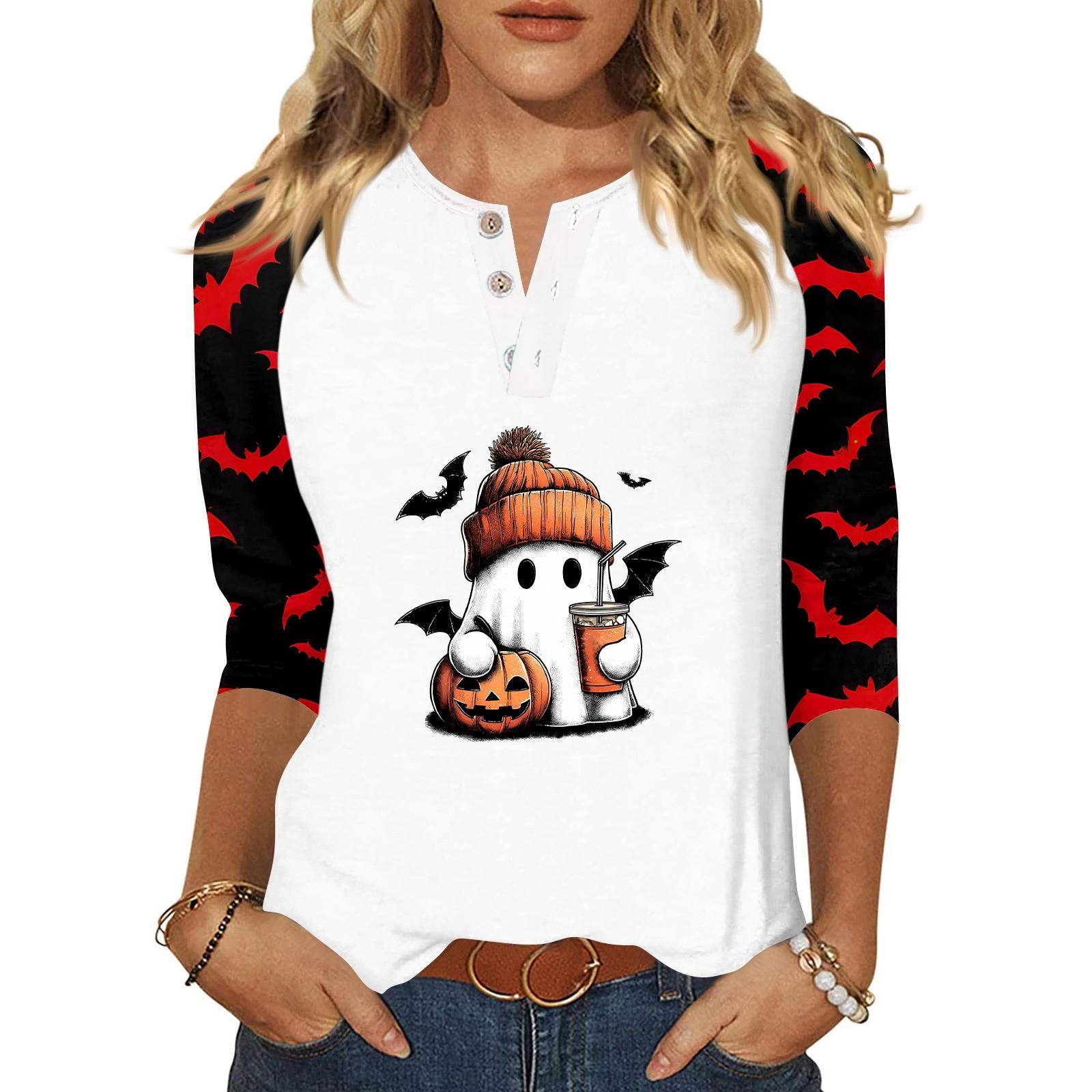 

Женская футболка с принтом на Хэллоуин, на пуговицах, рукав 3/4, повседневная мода на выходные, базовый топ с V-образным вырезом XL