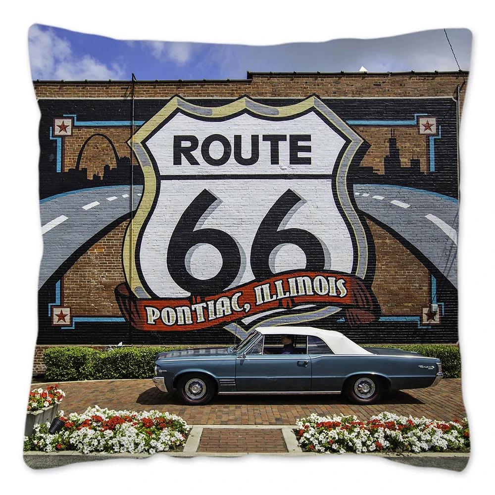Poszewka na poduszkę w stylu retro Route 66 Dekoracja domu Poliestrowa poszewka na poduszkę na sofę Samochód Poszewka na poduszkę do rzucania Naturalny krajobraz Funda Cojin