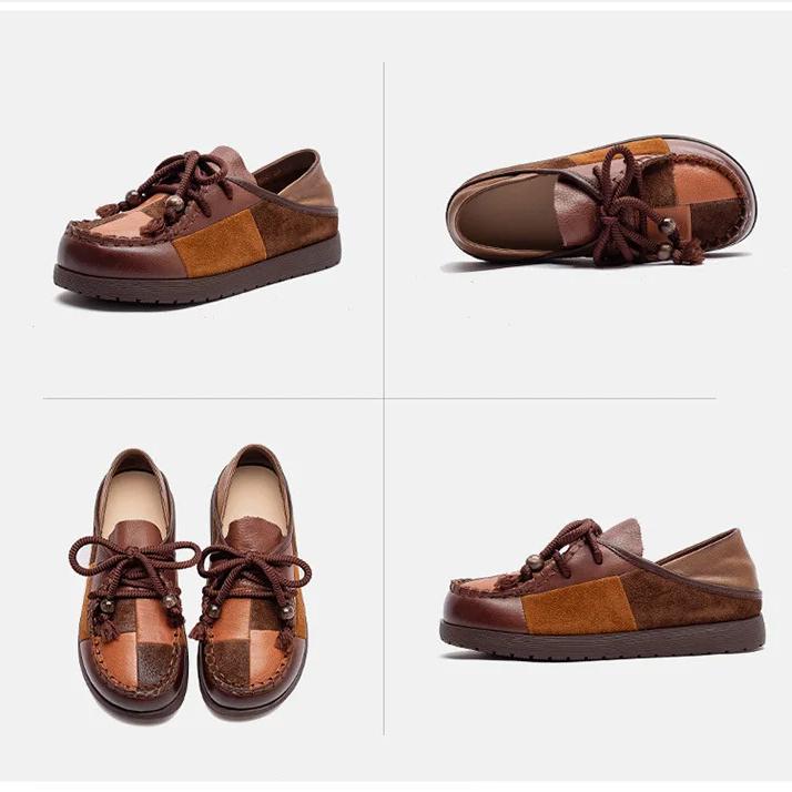 Johnature Retro Genuine Leather Mixed Colors Versatile Comfortable Casual Women's Flat Shoes