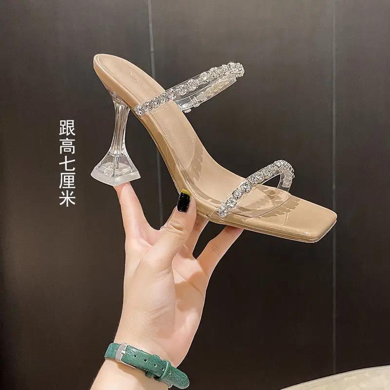 Fashion 2025 Rhinestone Word with Sandals Outside Wear Women Spring Summer Crystal Stiletto Fashion Sexy Transparent High Heels 7cm/9cm