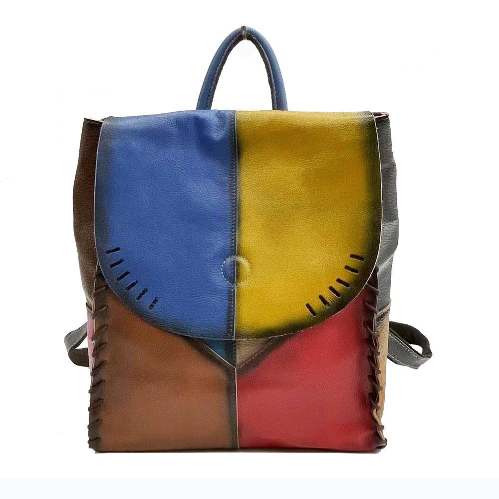 Backpack Leather Women'S Bag Fashion Splicing Colored Cowhide Backpack Women'S Casual Bag School Bag