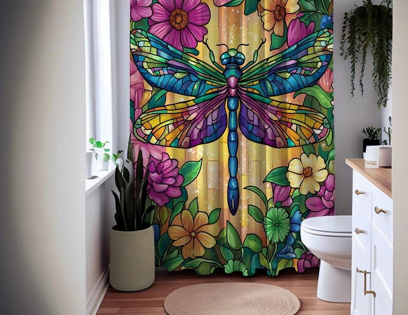 Dragonfly Shower Curtain, Stained Glass Design Bath Curtain, Waterproof Fabric Bathroom Decor, Colorful Floral Art