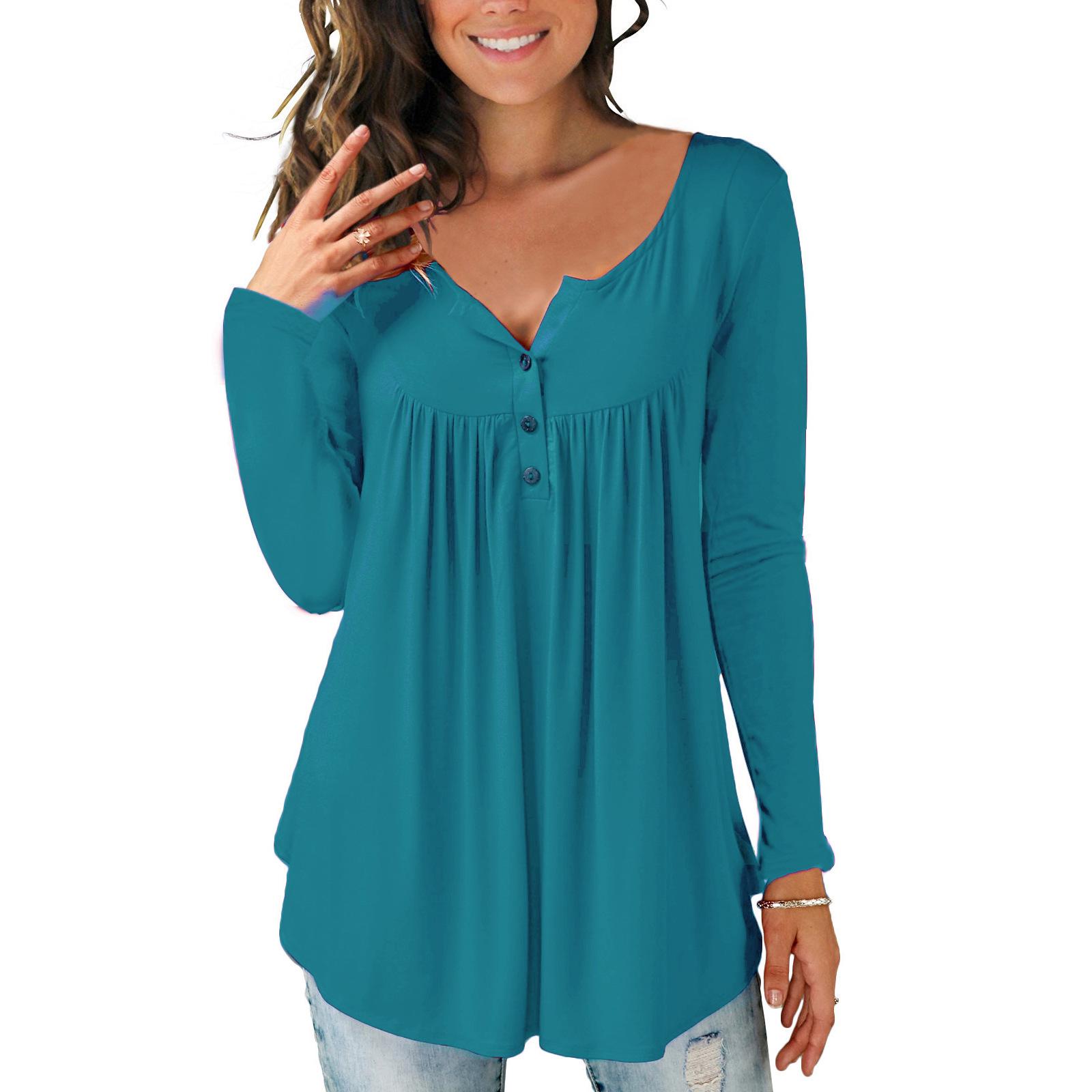 

Женские повседневные свободные футболки с длинными рукавами, однотонные плиссированные туники на пуговицах, топы с v-образным вырезом, женские пуловеры, топы, летняя одежда XL брандейс синий