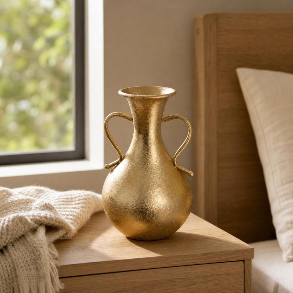 Vase Décoratif en Fer Doré Ampoulé Texturé avec Poignées Latérales Élégant pour