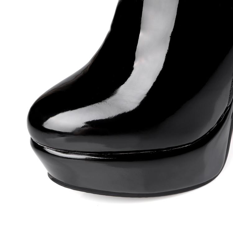 Stivali sopra il ginocchio con tacco super alto da donna sexy, in pelle verniciata, con cerniera rossa, con plateau, lunghi stivali