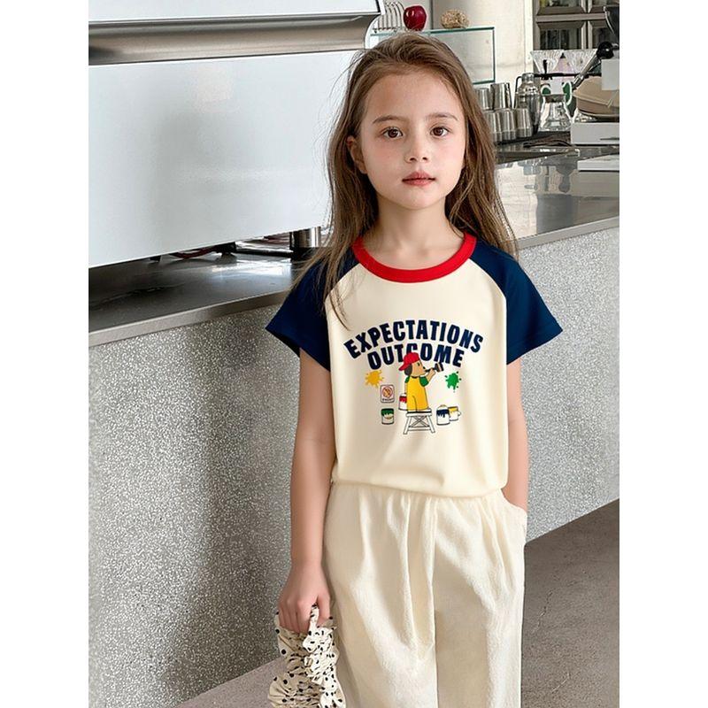 Trade Original Brand Children's Clothing Girls' Pure Cotton Short-Sleeved T-Shirt for Young Children with Cute Print Raglan Half-Sleeve for Summer