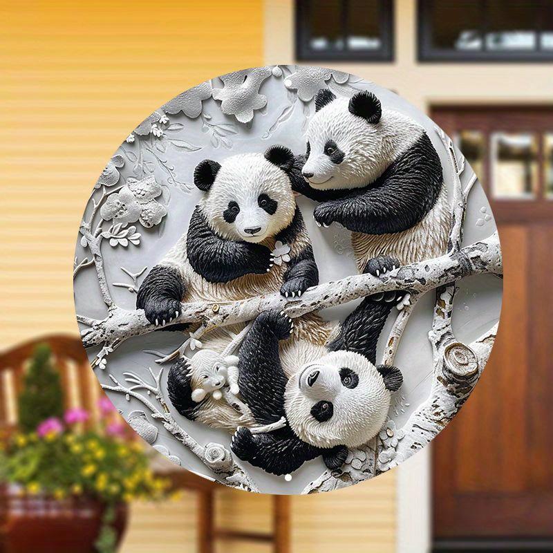1 Stück Panda Familie Holz Wandkunst - Holz Rundes Schild, 8x8 Zoll Außendekor, Kein Strom Erforderlich, Hängezubehör für Zuhause, Schlafzimmer