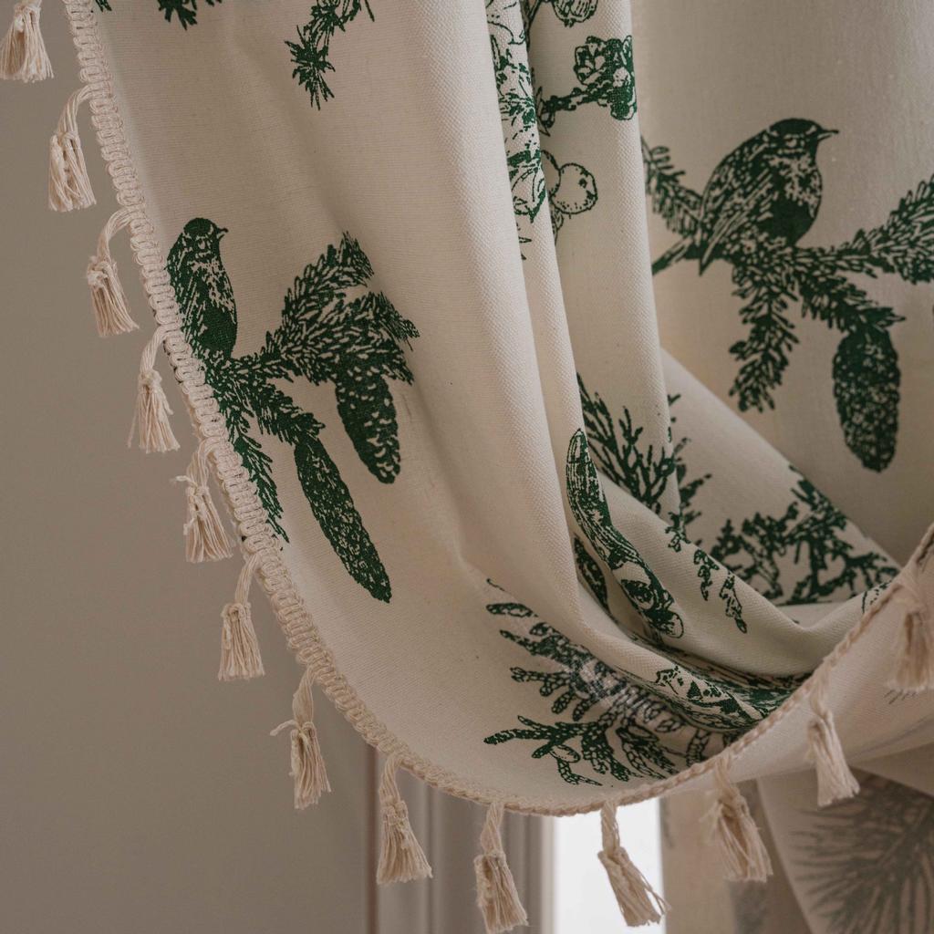 Green Floral Farmhouse Curtains Living Room Semi-Blackout Drapes Cotton Linen Boho Window Curtain with Tassel Decor, Rod Pocket