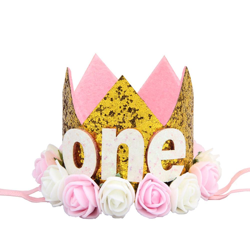 Cross-Border 1st Birthday Crown Headband: Princess Gold & Pink Party Accessory for Girls