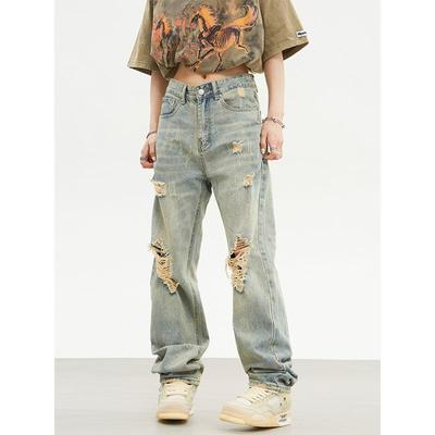 American High Street Retro Old Ripped Jeans Men's Niche Design Sense Trendy Loose Straight Denim Trousers for Men and Women