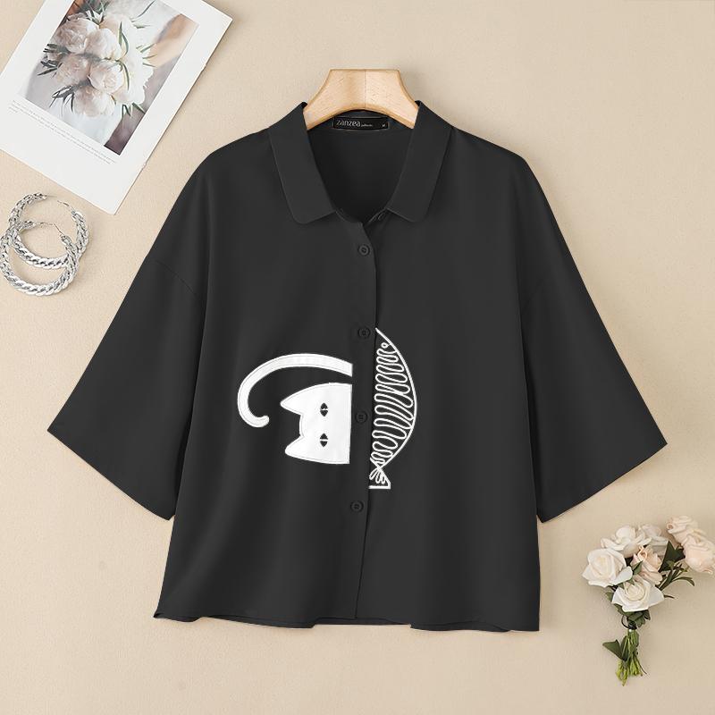 

ZANZEA Женская блузка с отложным воротником, свободного кроя, с коротким рукавом и принтом L чёрный