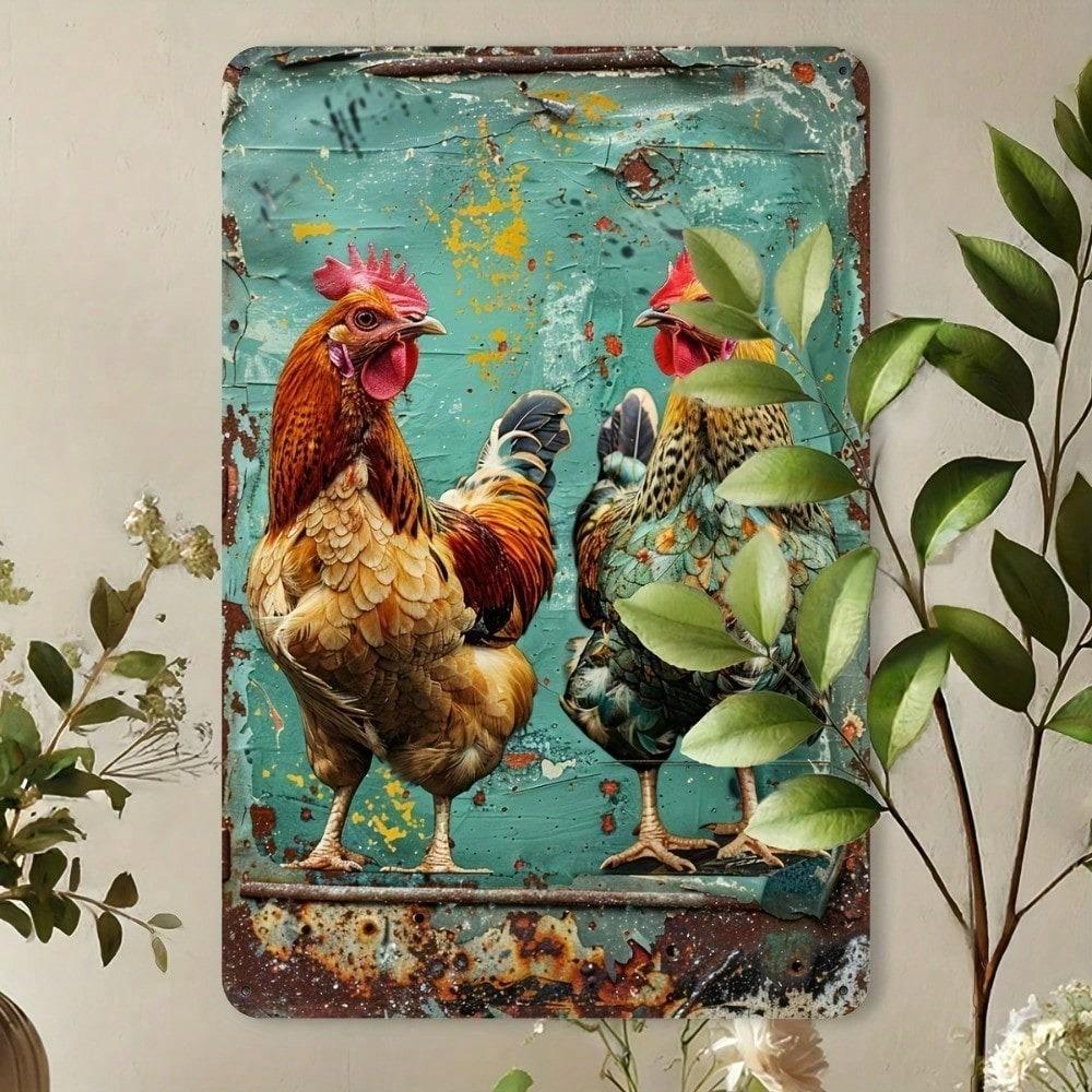 Vintage Chicken Metal Tin Sign 8x12 Inch, Rustic Rooster & Hen Wall Art, Teal Farmhouse Decor for Home Office Cafe