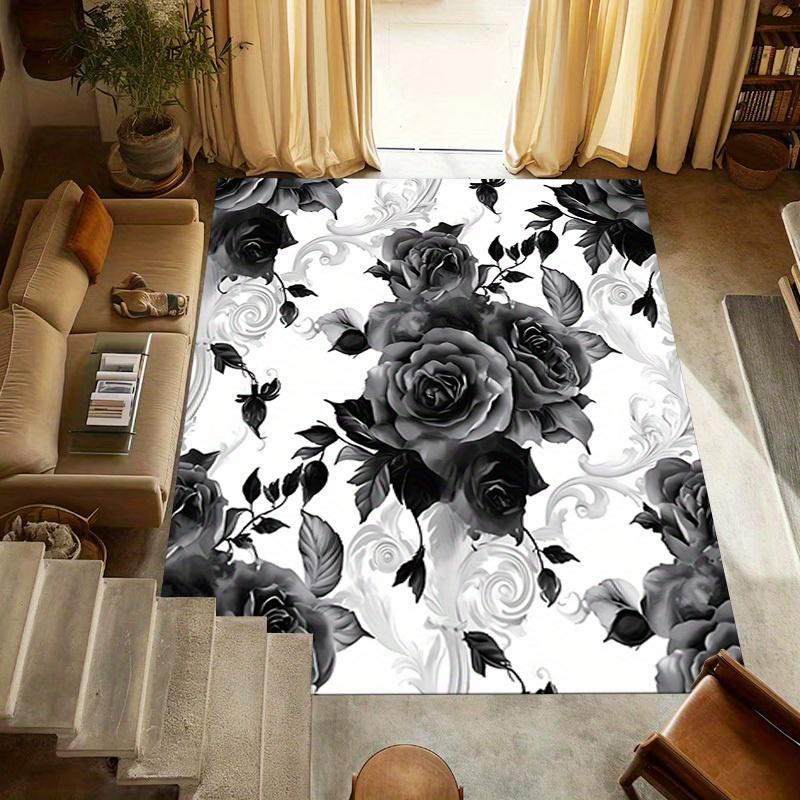 1pc Black Roses Floral Pattern Themed Rug for Home Decor, Non-slip Office Carpet, Chair mat, Outdoor Mat, Christmas and Halloween gifts-0731152