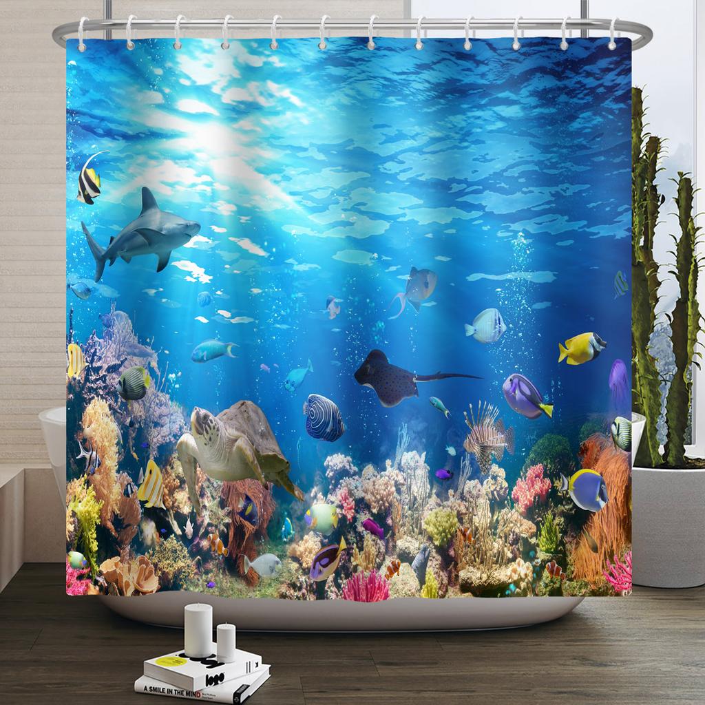 Underwater World Ocean Shower Curtain for Bathroom Seabed Animals Sea Turtle Dolphin Fish Waterproof Bathroom Curtain With Hooks