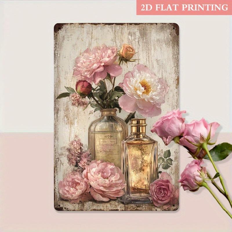 Vintage Pfingstrosen Parfümflasche Metallschild Romantische Rosa Florale Wandkunst für Schlafzimmer Wohnzimmer Badezimmer