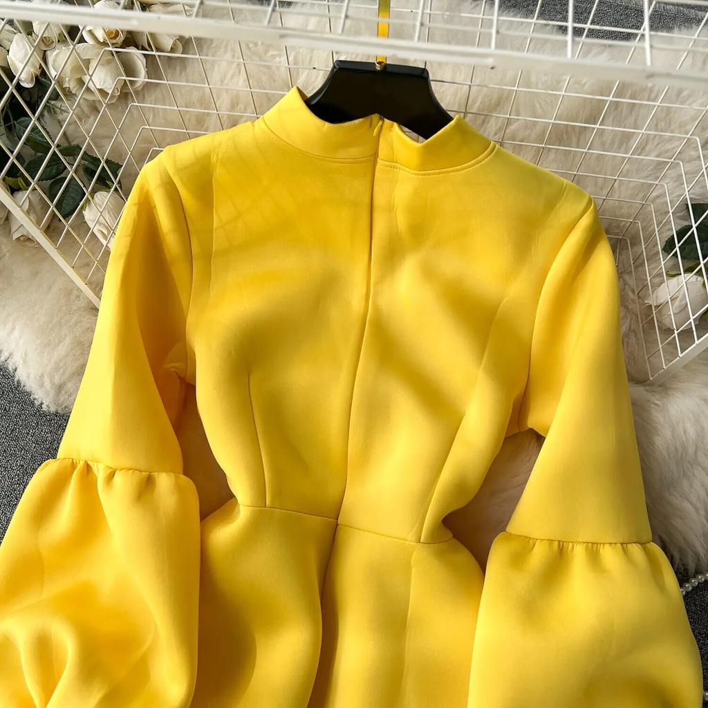 Dámské šaty ve sladkém stylu s mašlí Lucerna s dlouhým rukávem Jednobarevné šaty s vysokým pasem podzim zima 2024 Novinka