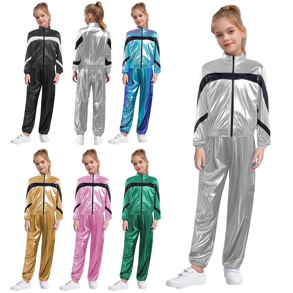 Mädchen Tanzjacke Mode Kontrastfarbe Langarm Stehkragen Metallischer Reißverschluss mit glänzendem Hosen-Set