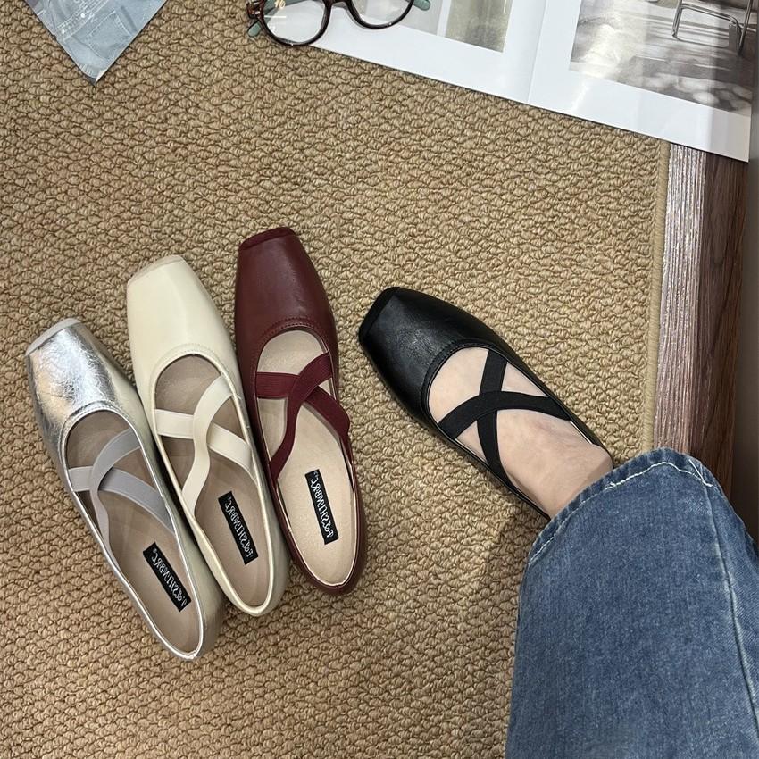 Knock textured cowhide retro ballet square head 2025 autumn new thick low heel cross belt full leather single shoes women