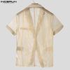 INCERUN Men Summer Deep V Striped Stitching See Through Mesh Sheer One Button Shirts