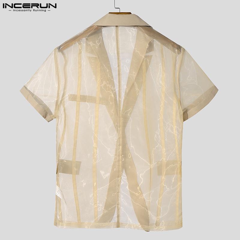 INCERUN Men Summer Deep V Striped Stitching See Through Mesh Sheer One Button Shirts