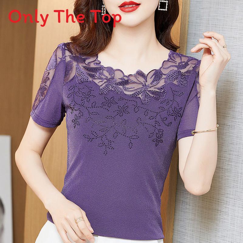 Summer Lace Trim Short Sleeve T Shirt With Embroidered Details For Elegant Women