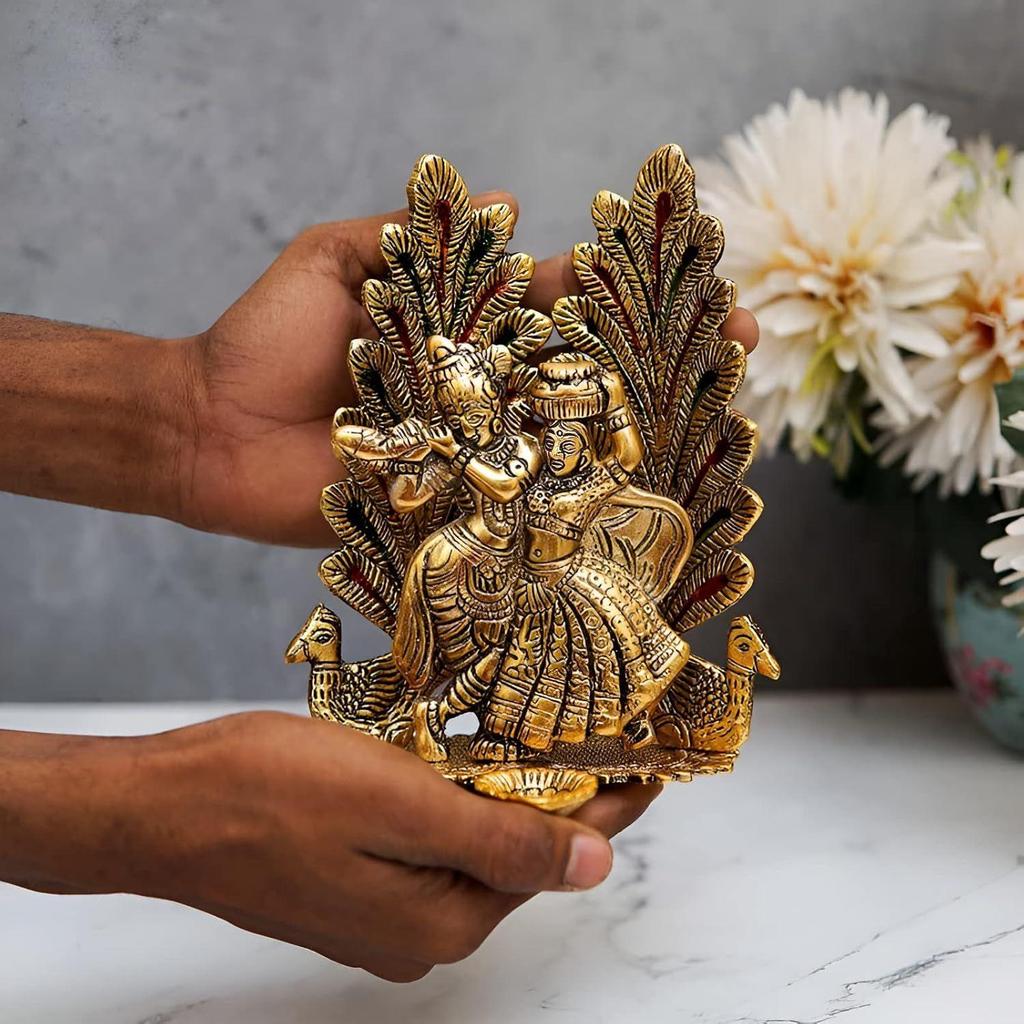 Return Gift Radha Krishna Idol Showpiece Statue with Peacock Design Diya for Puja and Home Decor (8 X 6 Inches), Metal, Gold (1)