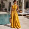 Comfortable Summer Pants Women's 2 Piece Outfits, High Neck Halter Sleeveless Top And Slimming Loose Trousers Wide Leg Matching Set, Beach Vacation