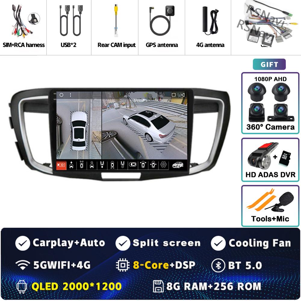 Android 14 CarPlay Car Radio For Honda Accord 9 2013 2014 2015 2016 2017 Multimedia Navigation GPS Stereo video 360 Camera Auto