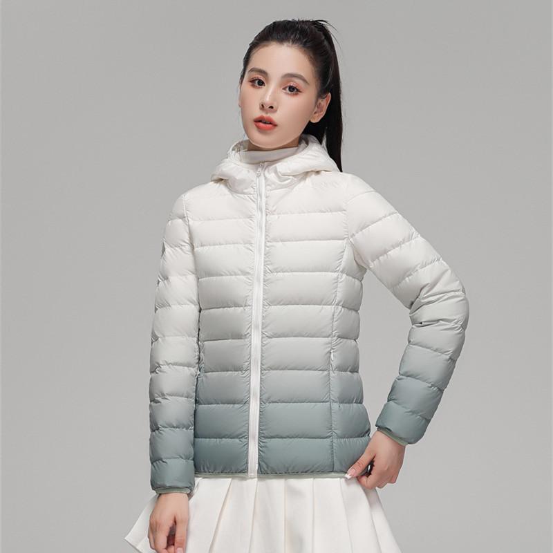 Feather Women's Clothing Autumn and Winter New 90 Down Light Down Jacket Women's Hooded Gradual Change Color Contrasting Coat