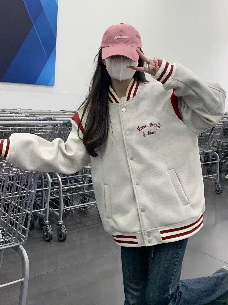 Women's European Style Short, Loose Baseball Jacket, Petite-Friendly, Academic American High Street Fashion, Plus Size, for Spring & Autumn