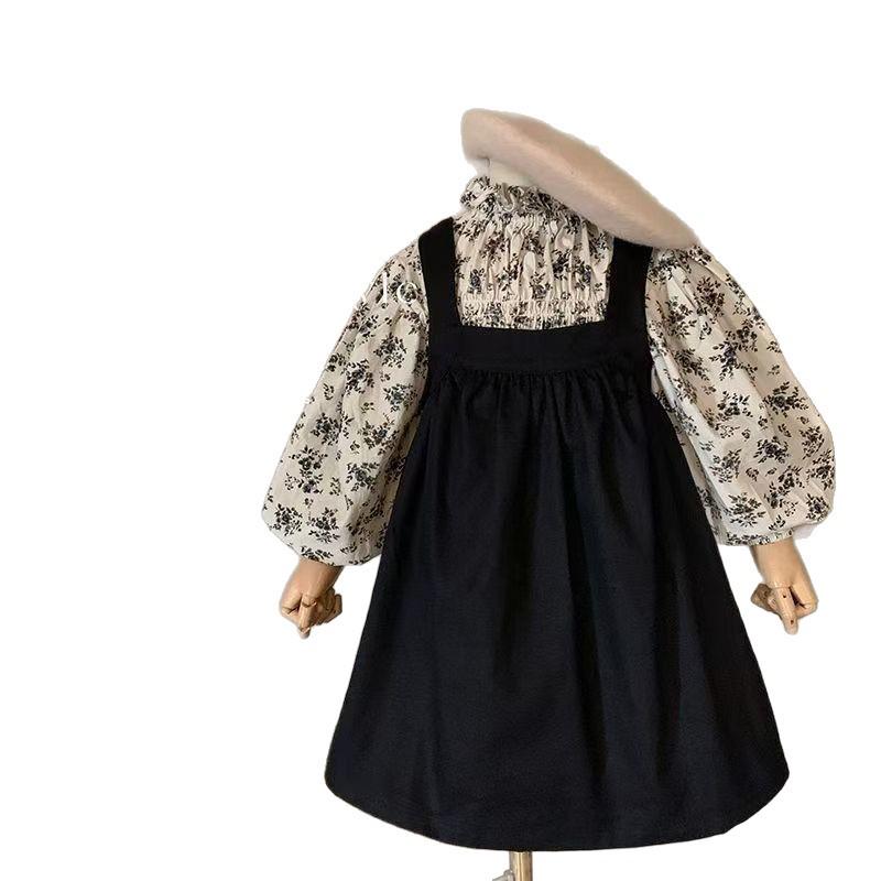2024 Autumn Korean Mori Style Girls' Floral Shirt & Suspender Skirt Set