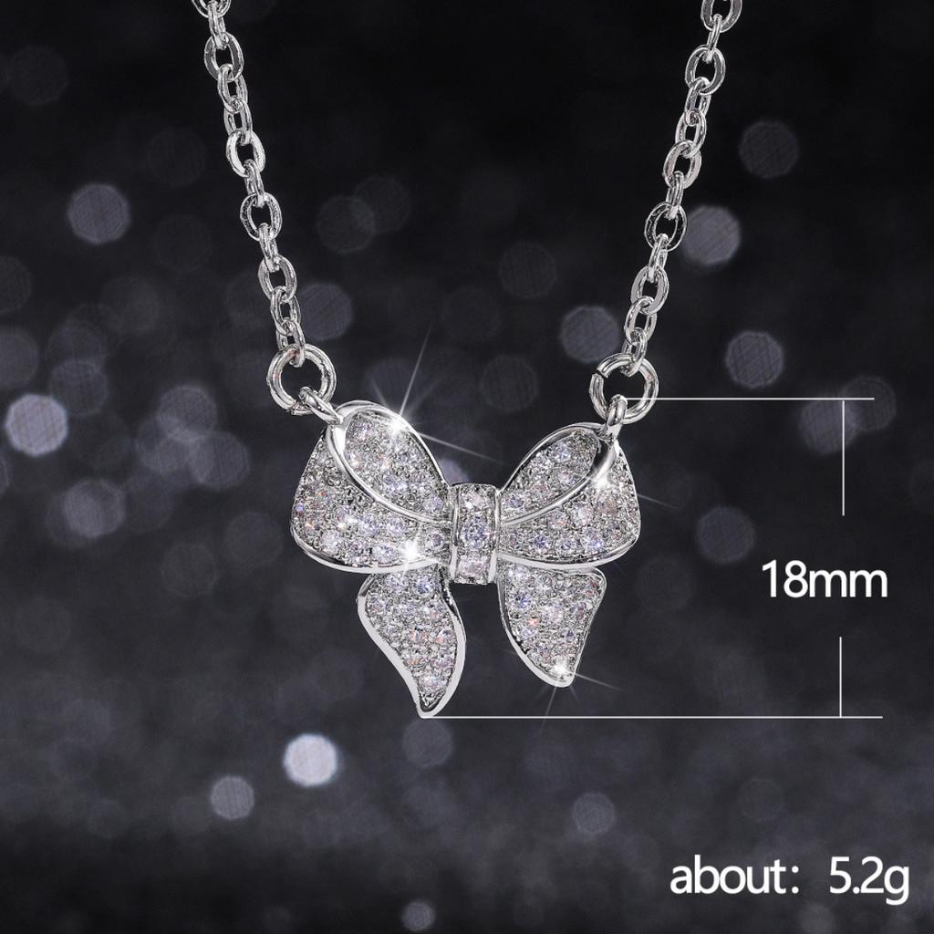 Elegant Full Paved Bow Pendant Necklace for Women Sparkling Stone Design Dainty Romantic Everyday Party Jewelry Gift for Her