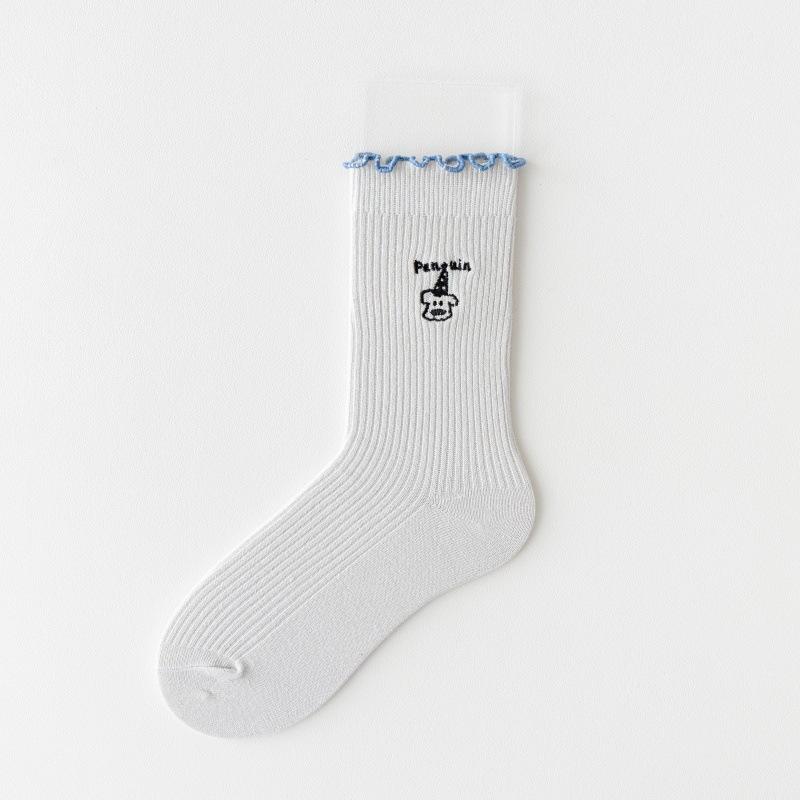 Cartoon-embroidered Socks for Women, Spring and Autumn, Thin and Versatile Mid-calf Socks, Sweet Black Ear-trimmed Pile Socks