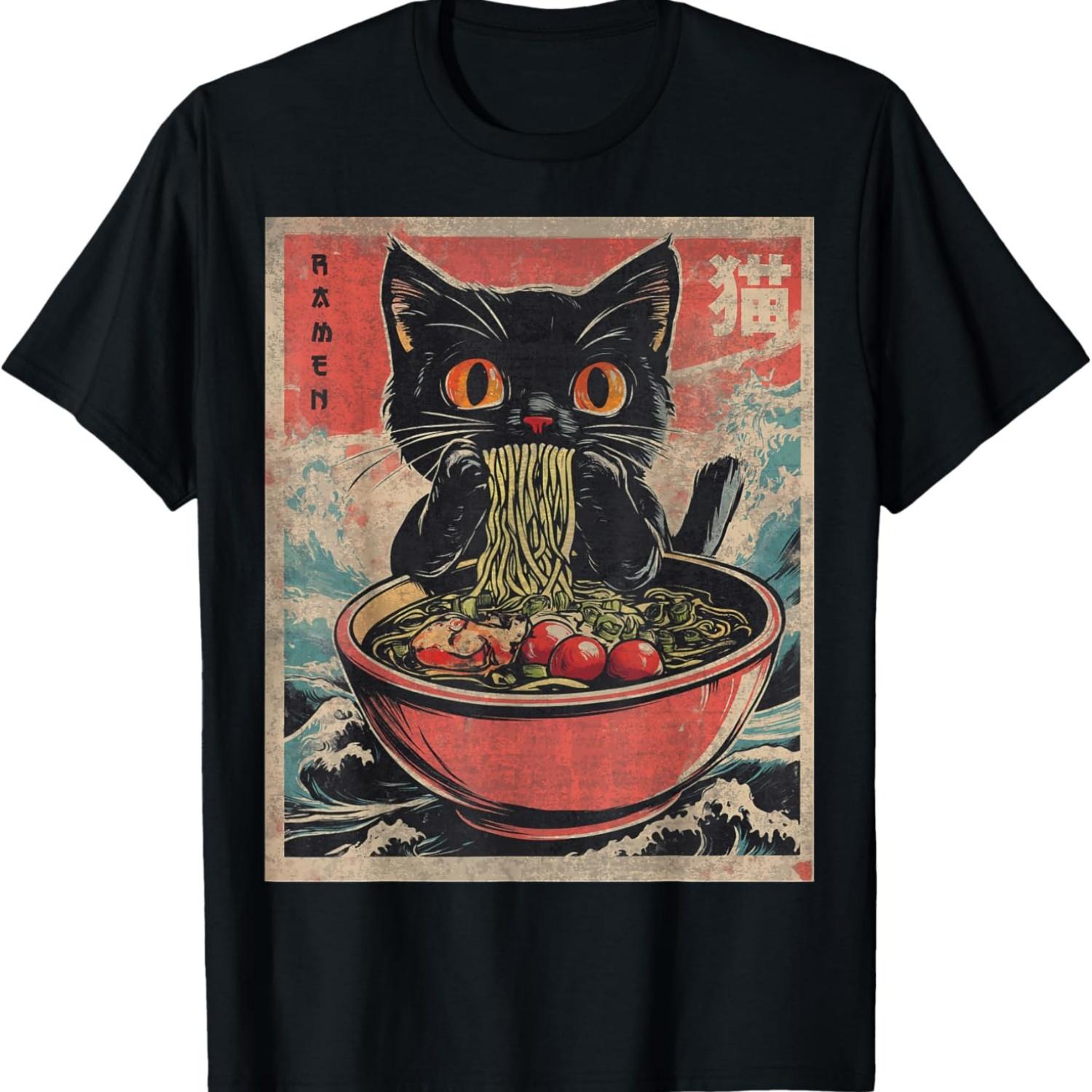 Unisex Anime Cat Ramen Japanese Funny Graphic Tees Kawaii Cat Anime Gifts T-Shirt Black XS S чёрный