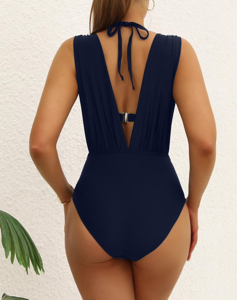 Women's Swimsuit Solid Color Deep V Hard Cup Backless Halter Neck Bikini Split Set Beachwear Bathing Suits