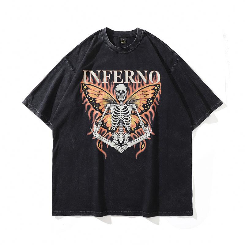 European And American Hiphop Retro Skull Print Washed Old Short-Sleeved T-Shirt Men'S And Women'S Vintage Hip-Hop Vintage