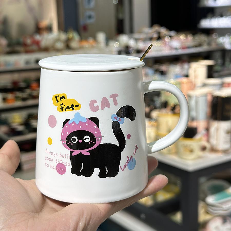 Cute and Funny Princess Cat Ceramic Water Cup New Style for Girls Household Mug Milk Coffee Cup with Lid Spoon