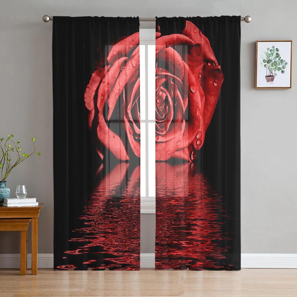 Valentine'S Day Flower Red Rose Flower Tulle Curtains for Living Room Kitchen Sheer Voile Curtain Bedroom Window Panels
