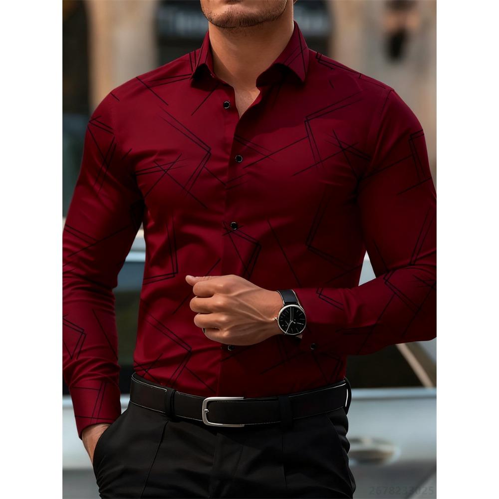 Camicia da Uomo alla Moda con Stampa Geometrica a Linee a Maniche Lunghe Design di Moda Business Casual Vestibilità Slim Non Stiro Versatile Camicia Stile Ins