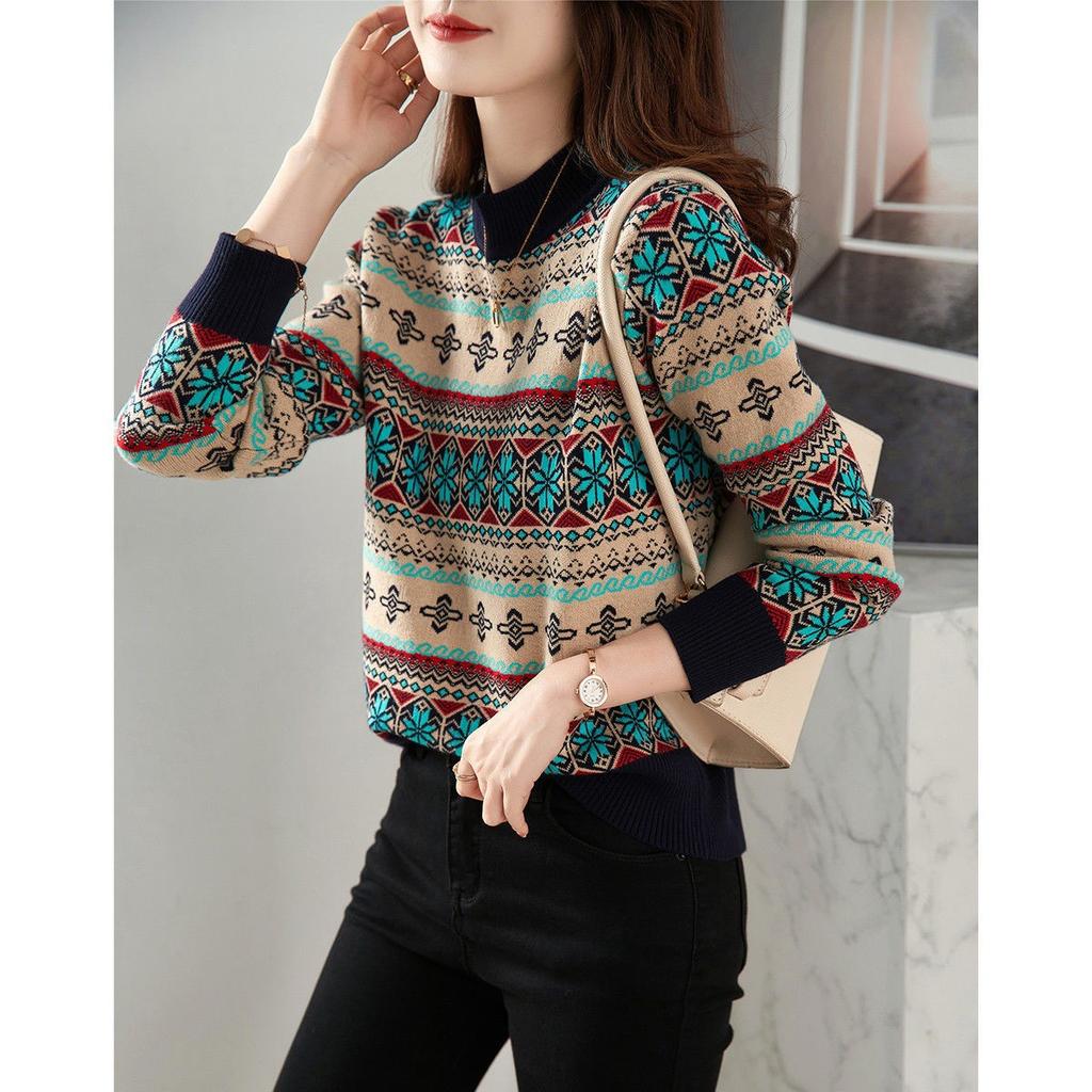 Autumn and Winter Knitted Bottoming Shirt Casual Versatile New Women's Pullover Fashion Temperament Retro Jacquard Loose Tide