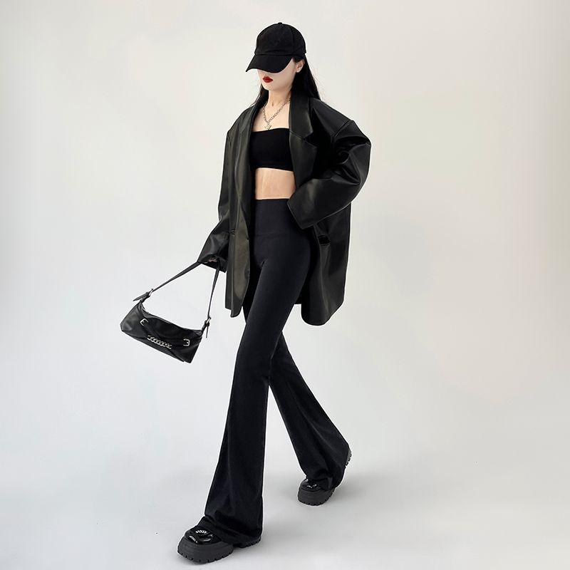 

Women s Black High-Waist Micro-Flare Dance Pants | High-Elasticity Slimming Sculpting Yoga Leggings for Spring-Summer S чорний