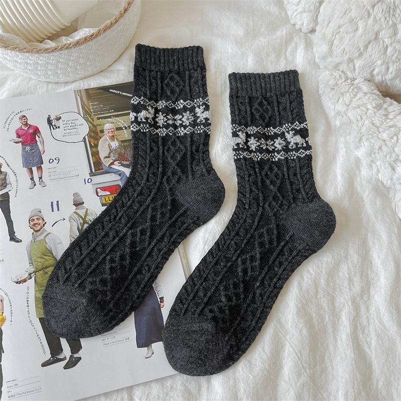 Wool Socks for Women, Mid-calf Socks for Autumn and Winter, Thickened Cashmere for Warmth, Christmas Snowflake Reindeer Long Calf Socks