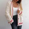 Yousheng Women Sweater Coat V-neck Long Sleeve Twist Texture Knitting Coat Patchwork Color Single Breasted Loose Fit Elastic Sweater Outwear